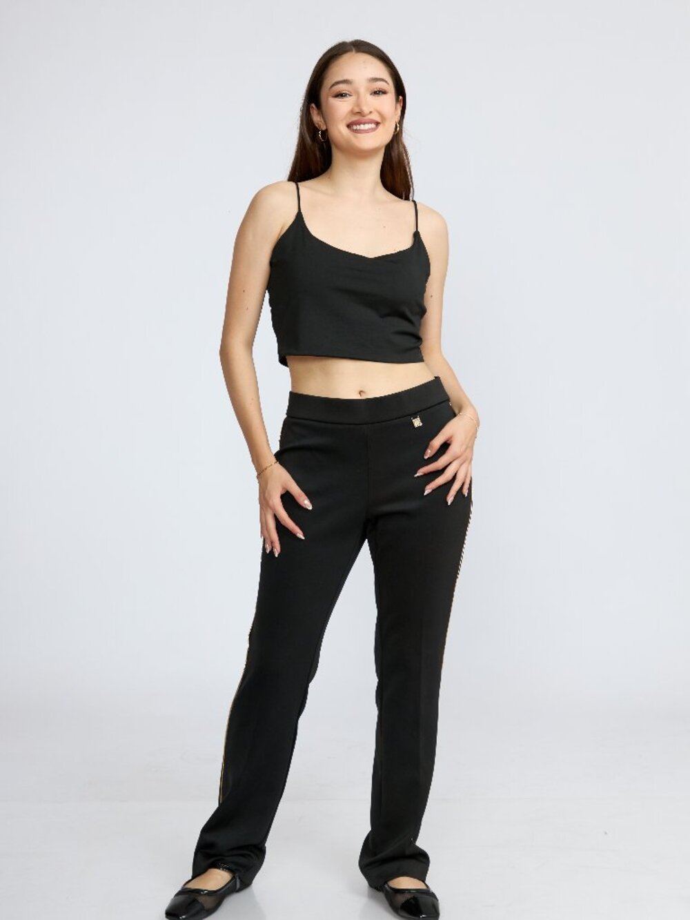 Women's Black Pull-On Dress Pants, Slim Fit Straight Leg with Gold Side Stripe